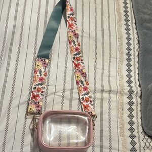 Transparent Pink Crossbody Bag with Floral Strap